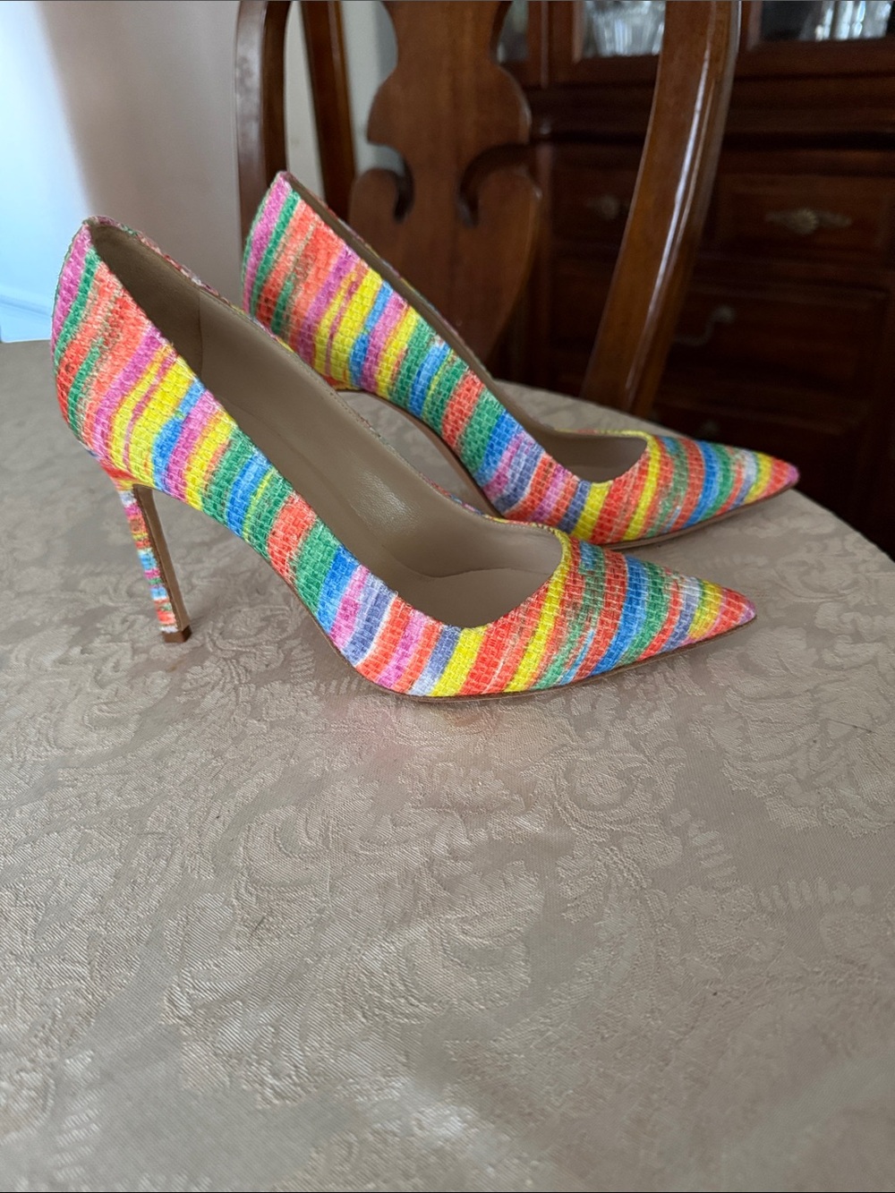Manolo Blahnik Multicolor Rainbow Stripe Pointed-Toe Stilettos